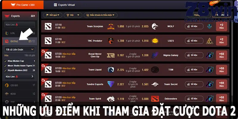 Những ưu điểm khi tham gia đặt cược DOTA 2 tại 78win